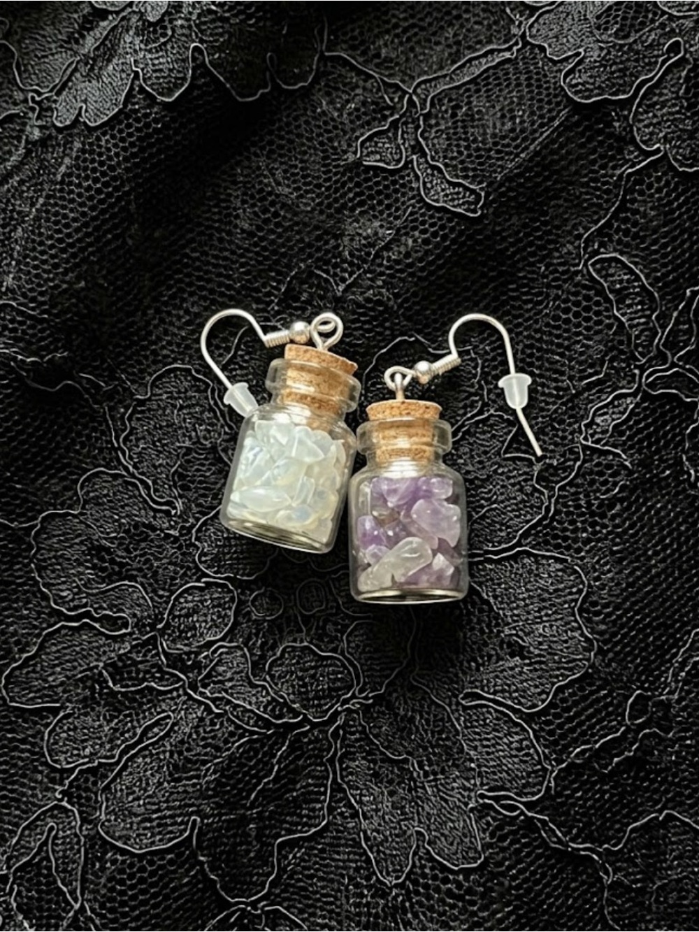 Handmade Mini Opalite and Amethyst Glass Jar Earrings - Picture 3 of 3